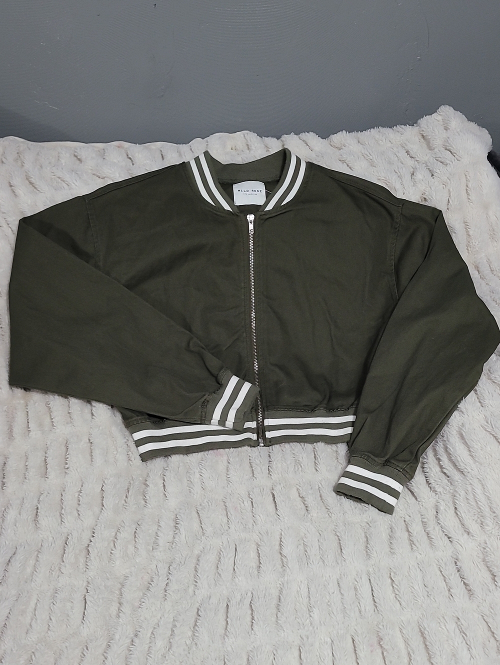 Wild Rose Olive Green Striped-Trim Bomber Jacket